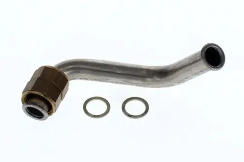 Verbindungsrohr aus Metall mit einem gewinkelten Ende und einer Verschraubung. Zwei Dichtscheiben sind ebenfalls abgebildet. Markenlogo von Bosch sichtbar.